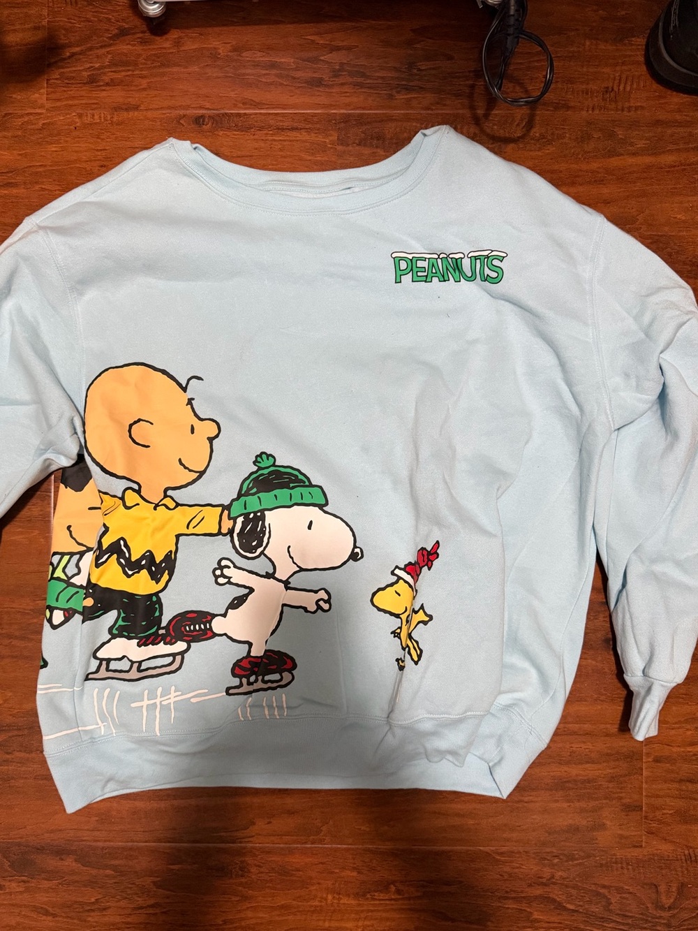 Peanuts Light Blue Crewneck Sweatshirt with Charlie Brown, Snoopy & Woodstock